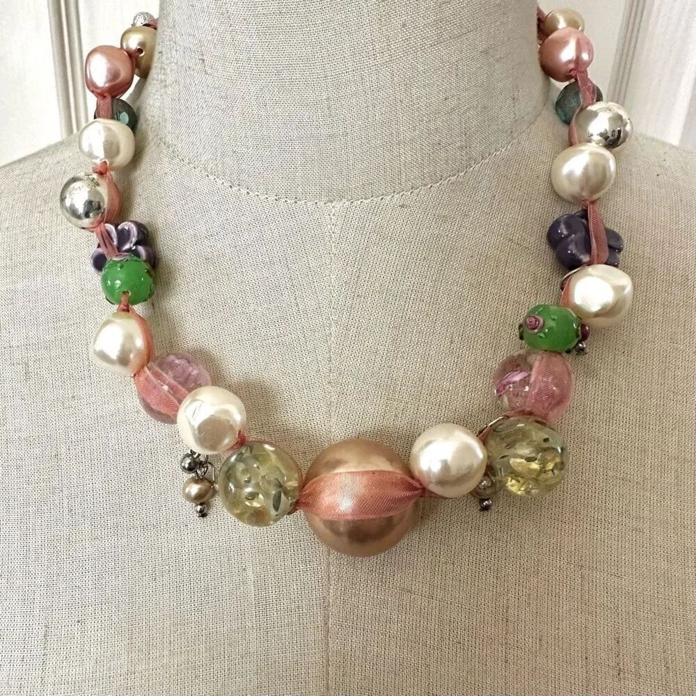 Chunky Lampwork Art Glass Hand Knotted  Statement Necklace
